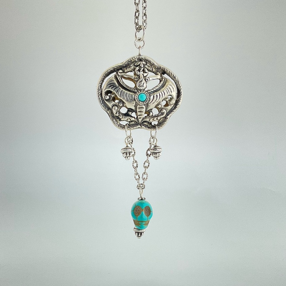 Moth & Skull Pendant Necklace, Handmade, 18" L, Goth, Spooky, Witchy - Picture 8 of 9